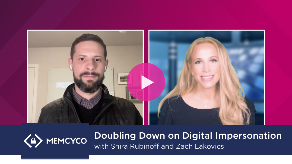 A split-screen video call features a man on the left and a woman on the right, promoting a discussion titled "Doubling Down on Digital Impersonation" by Memcyco, focusing on the threats of online identity theft.