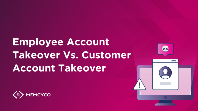 A purple background with white text highlights the differences between Employee Account Takeover vs. Customer Account Takeover on a sleek purple screen with matching white text.