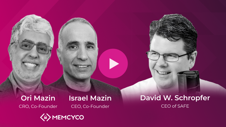 Three men, Ori Mazin, Israel Mazin, and David W. Schropfer, are pictured with their titles and company logos on a pink gradient background with a play button in the center, discussing How to Avoid New FedEx and UPS Phishing Scams.
