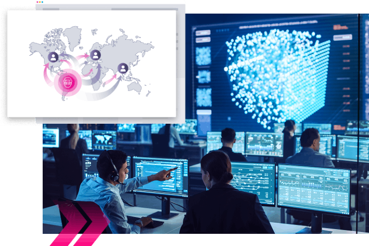 People in a control room monitor and discuss data on large digital screens, while an inset graphic highlights a global network, illustrating a MiTM use case with data connections mapped across the world.