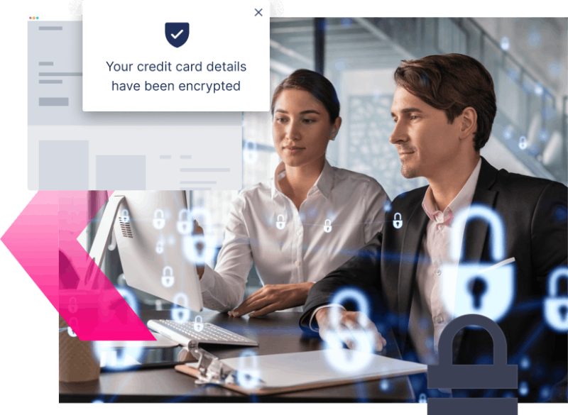 Two people in business attire work at a computer, with a security message stating, "Your credit card details have been encrypted," and padlock icons highlighting protection against Credit Card Scams.