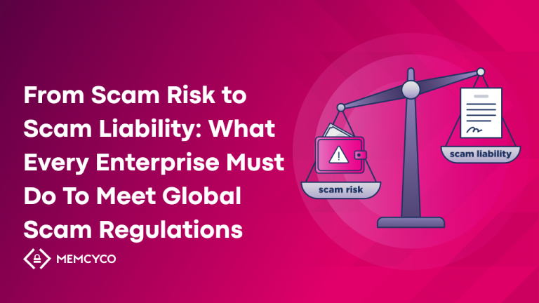 A graphic shows a balance scale with "scam risk" and "scam liability" on each side, alongside text about how enterprises can meet global scam regulations.